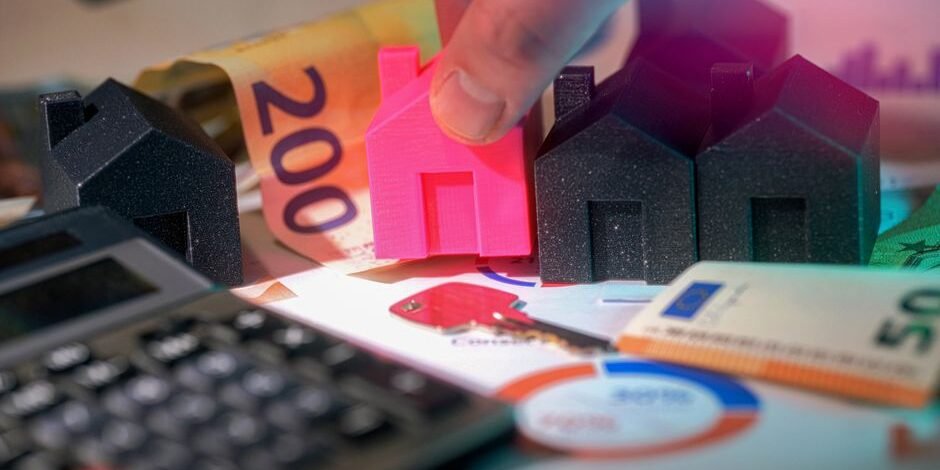 Miniature houses, Euro bills, and calculator representing real estate investment Miniature houses, Euro bills, and calculator representing real estate investment