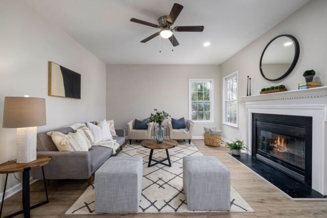 Stylishly decorated living room with fireplace and modern furniture for a cozy atmosphere