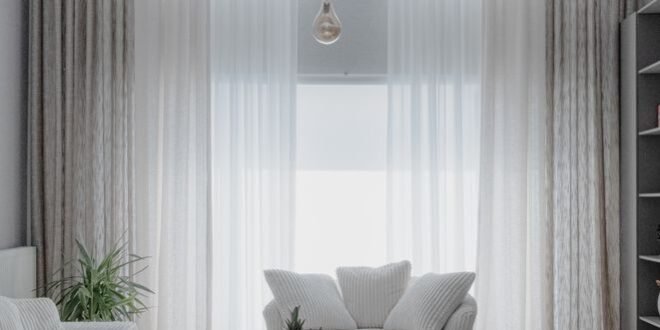 A minimalist living room with soft white sofas and large curtains, creating a cozy atmosphere A minimalist living room with soft white sofas and large curtains, creating a cozy atmosphere